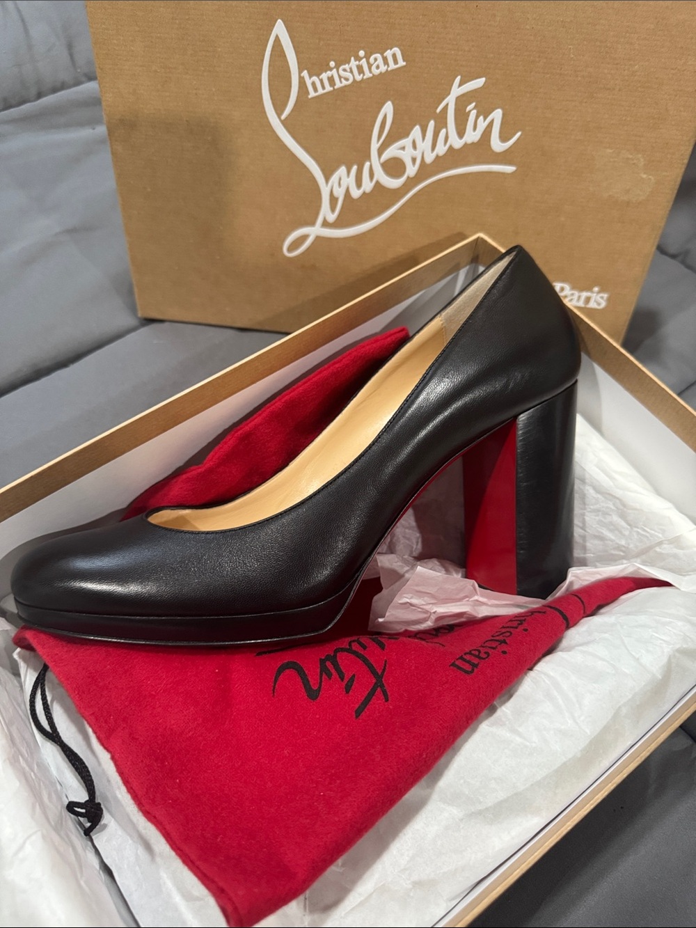 Christian Louboutin Black Leather Block Heel Pumps with Red Sole Accent